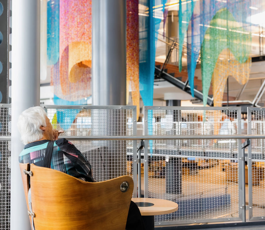 Photo Credit: Wellington City Council | Ann Reweti in refurbished cloak chair & Ngā Tai o te Ao Mārama by Ngahina Hohaia Ann Reweti in refurbished cloak chair & Ngā Tai o te Ao Mārama by Ngahina Hohaia